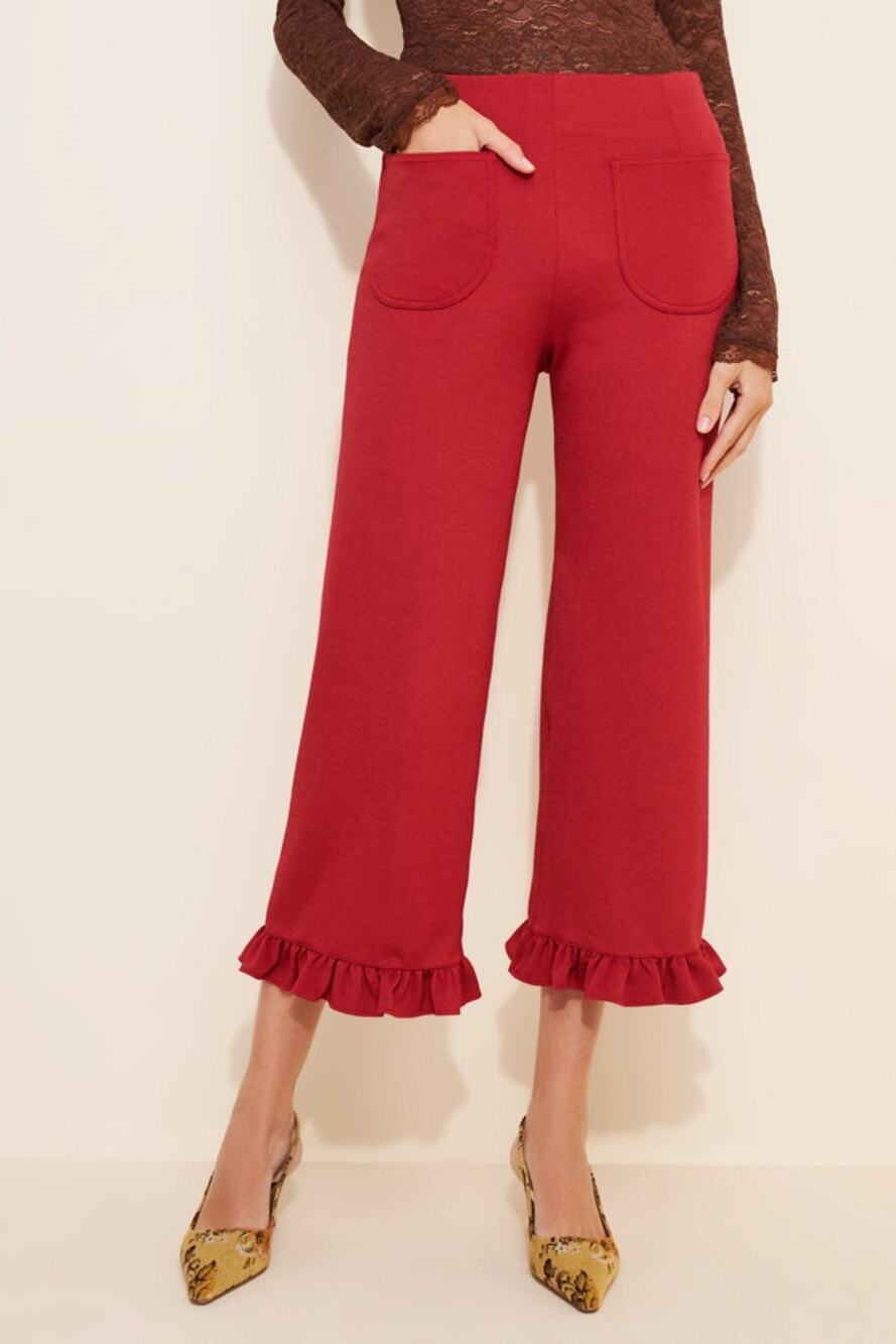 Maeve Red Wide-Leg Ruffle Hem Pants
